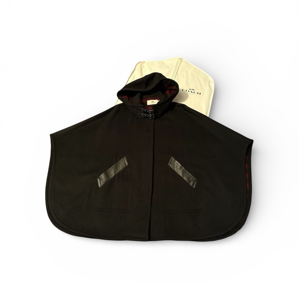 Coach Black Wool Blend Cape w/Plaid Interior & Detachable Hood Size M/L F18030 - Picture 1 of 10